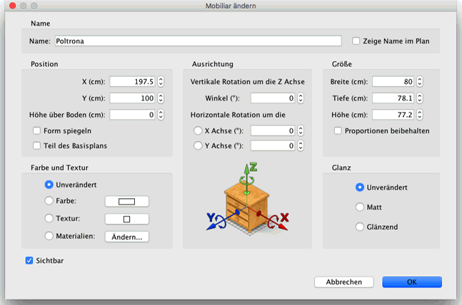 Editing furniture attributes