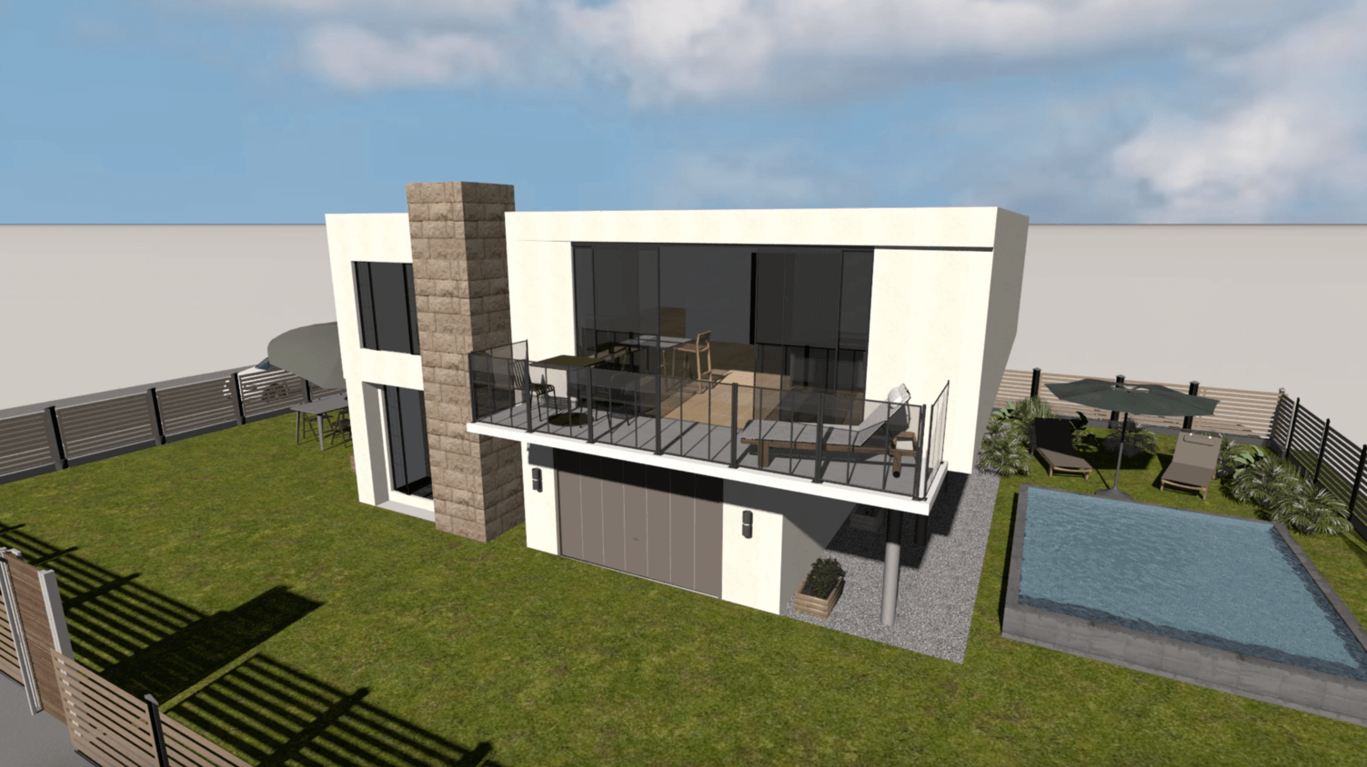 Outdoor terrace design and garden layout in 3D